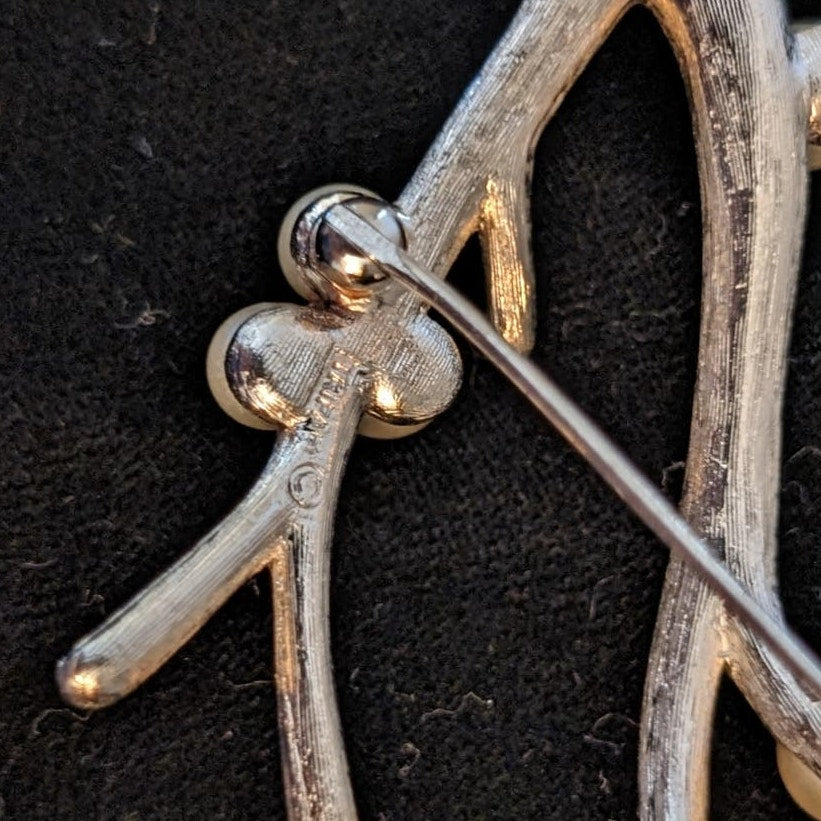 Trifari Signed (Crown Over 'T') Silver Tone Faux Pearl Branch Brooch Rare Find