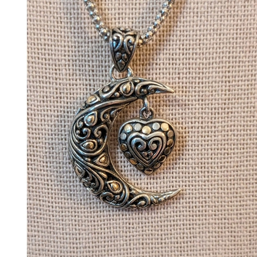 925 Sterling & 14K Two Toned Filigree Moon & Dangling Heart Pendant Necklace