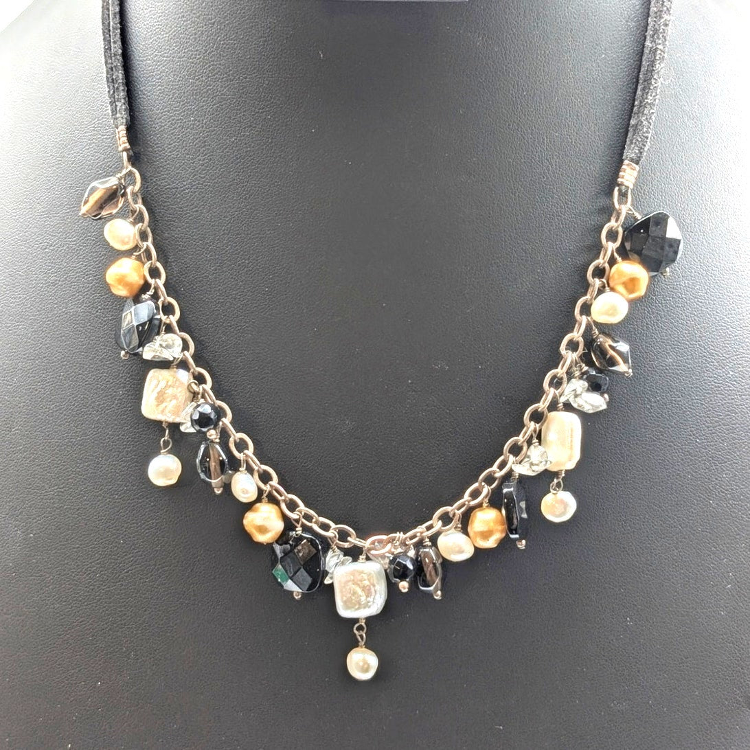925 Sterling Silver Double Strand Cord Pearl Tourmaline Quartz Dangle Necklace