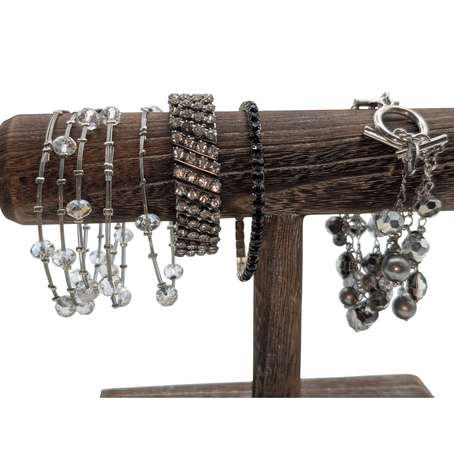 Lot of Eight Silver Tone Crystal Rhinestone Faux Pearl Beaded Bracelets