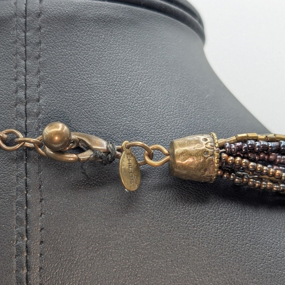 Chico's Multi-Strand Beaded Large Pendant Antiqued Gold Tone 18"-21.5" Necklace