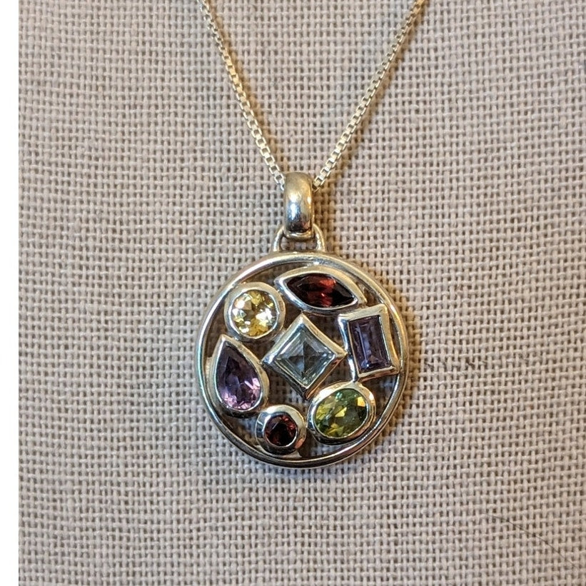 925 Sterling Silver Bezel Set Multi-Gemstone Necklace & Ring Set Ring Size 6