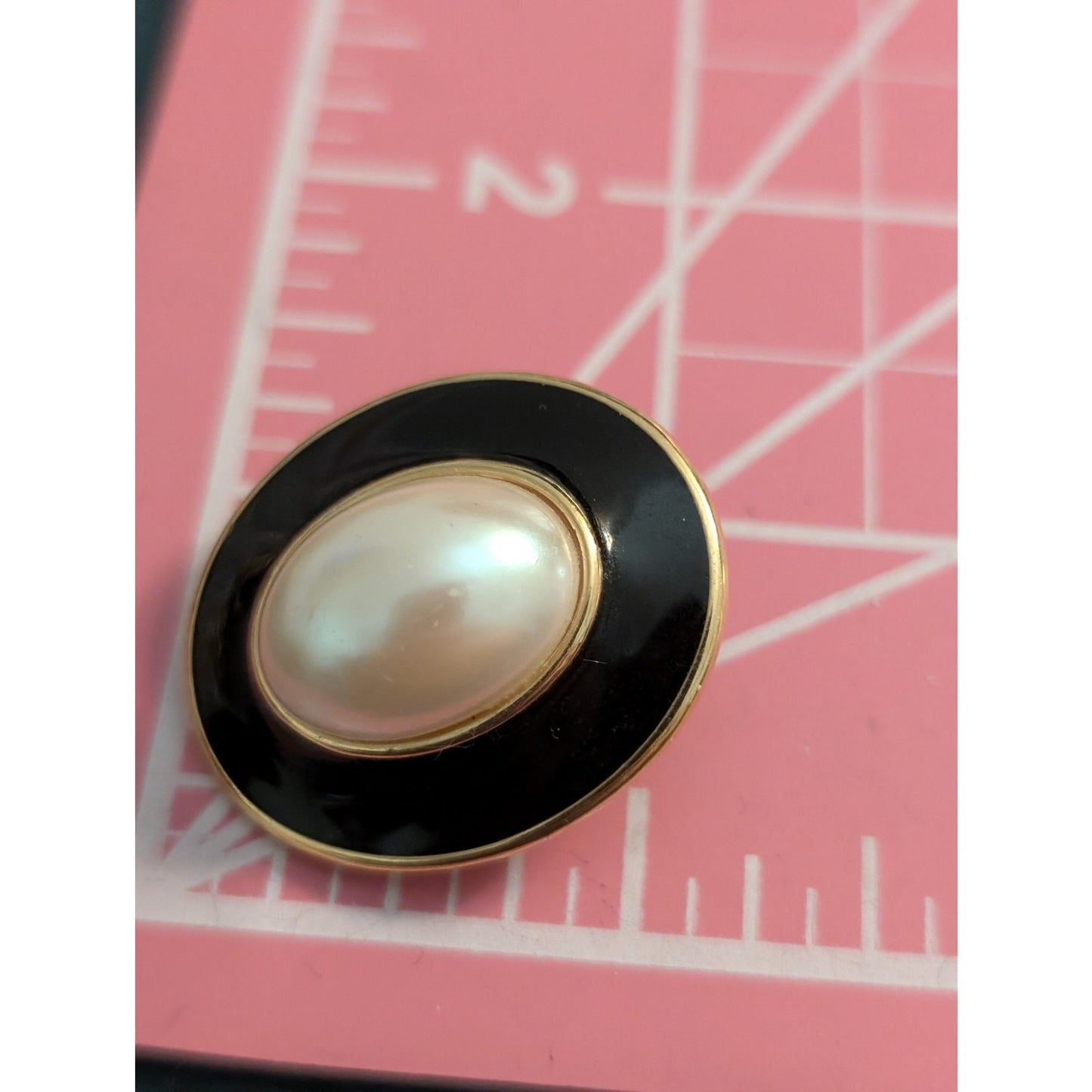 Vintage 80s Black Enamel Faux Mabe Pearl Oval Button Pierced Earring