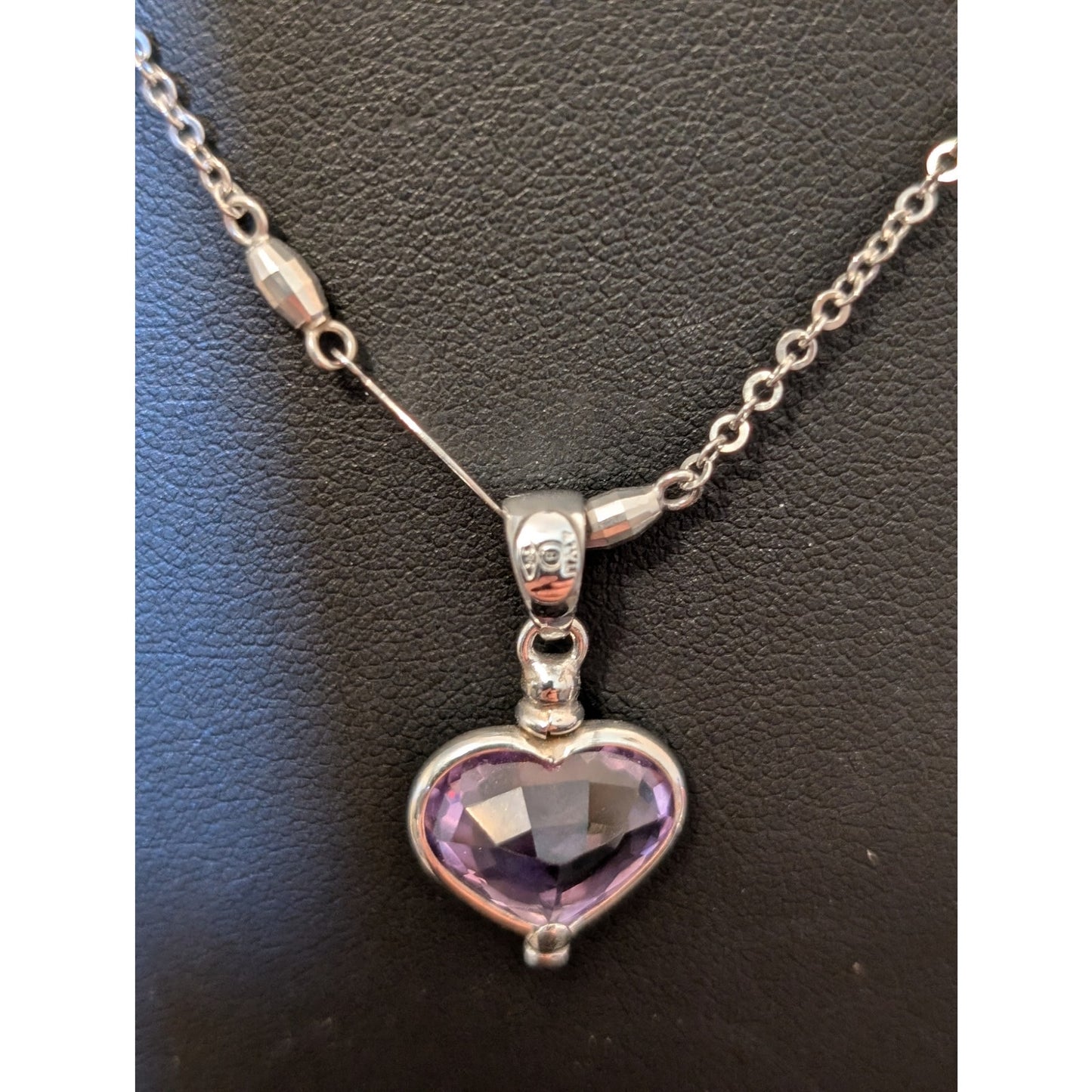 14Kt White Gold Amethyst Heart Pendant Fancy Chain 17" Necklace