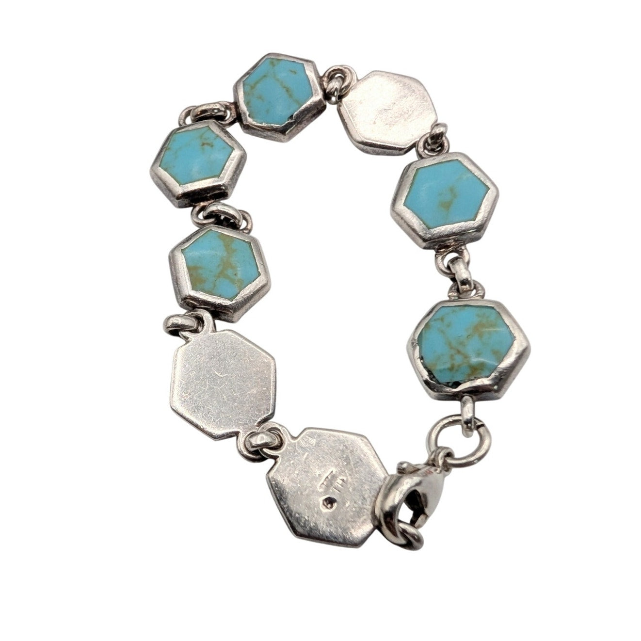 Vintage 925 Sterling Silver Hand Set Turquoise Inlay Station Chain Bracelet