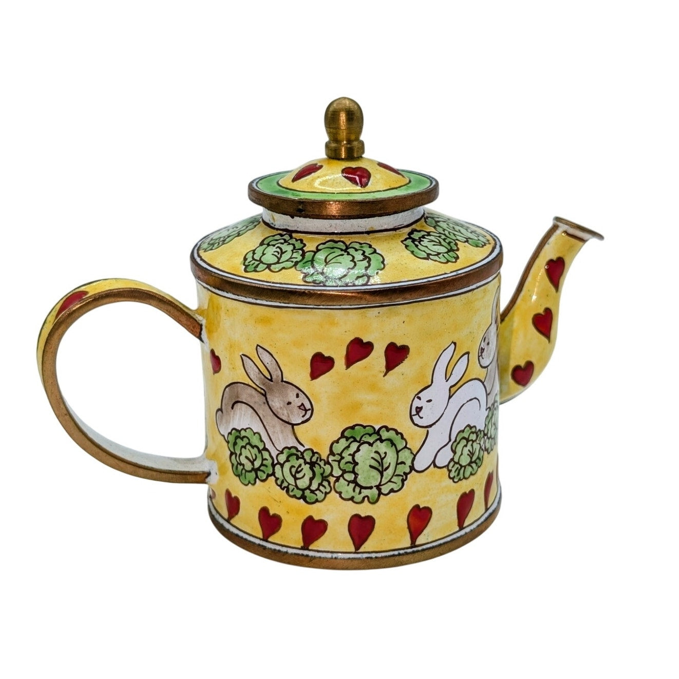 Bunnies In Love Unsigned Except for Number on Handle Enamel Collectible Teapot