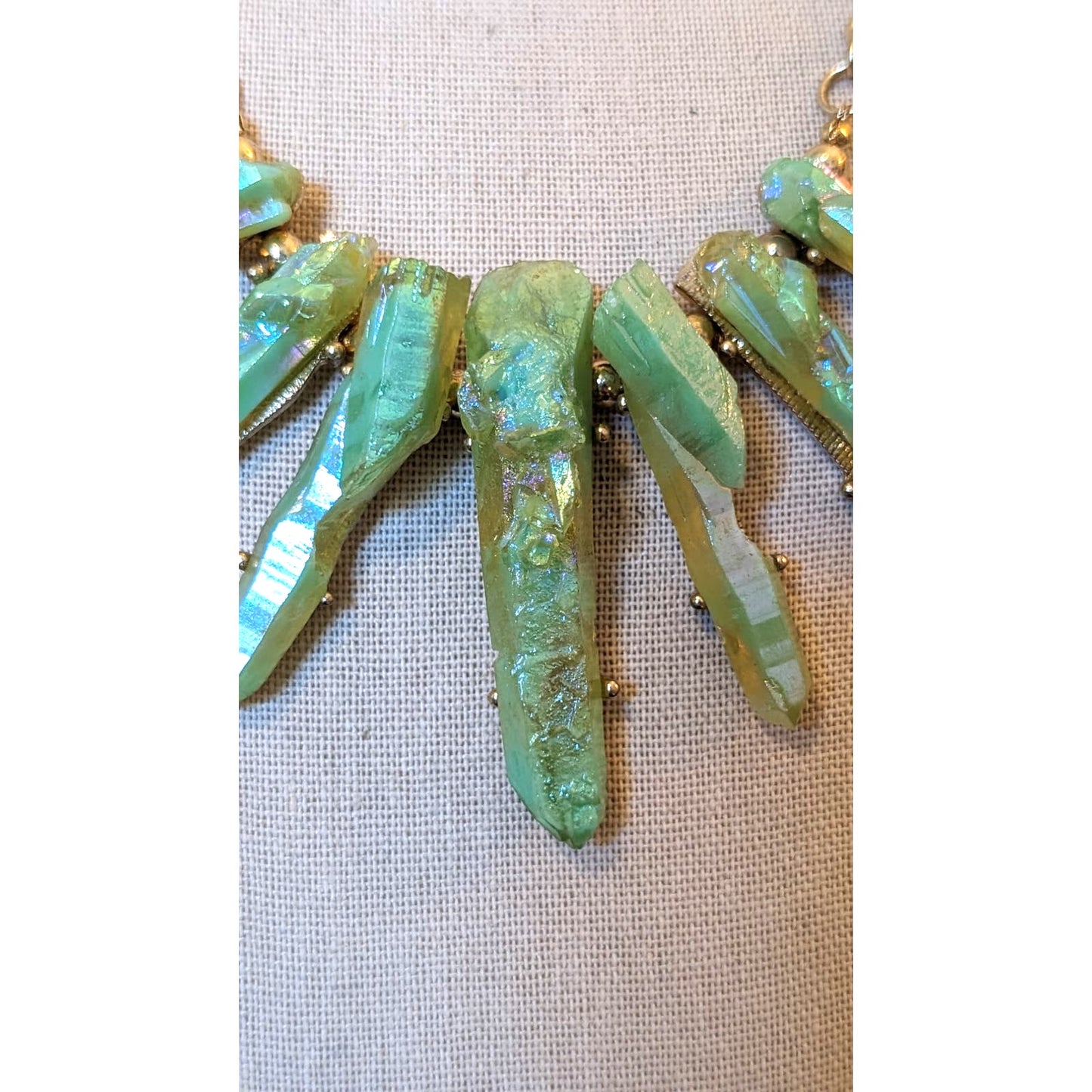Green Sparkle Resin Crystal Prism Points Gold Tone Statement 19-22" Necklace