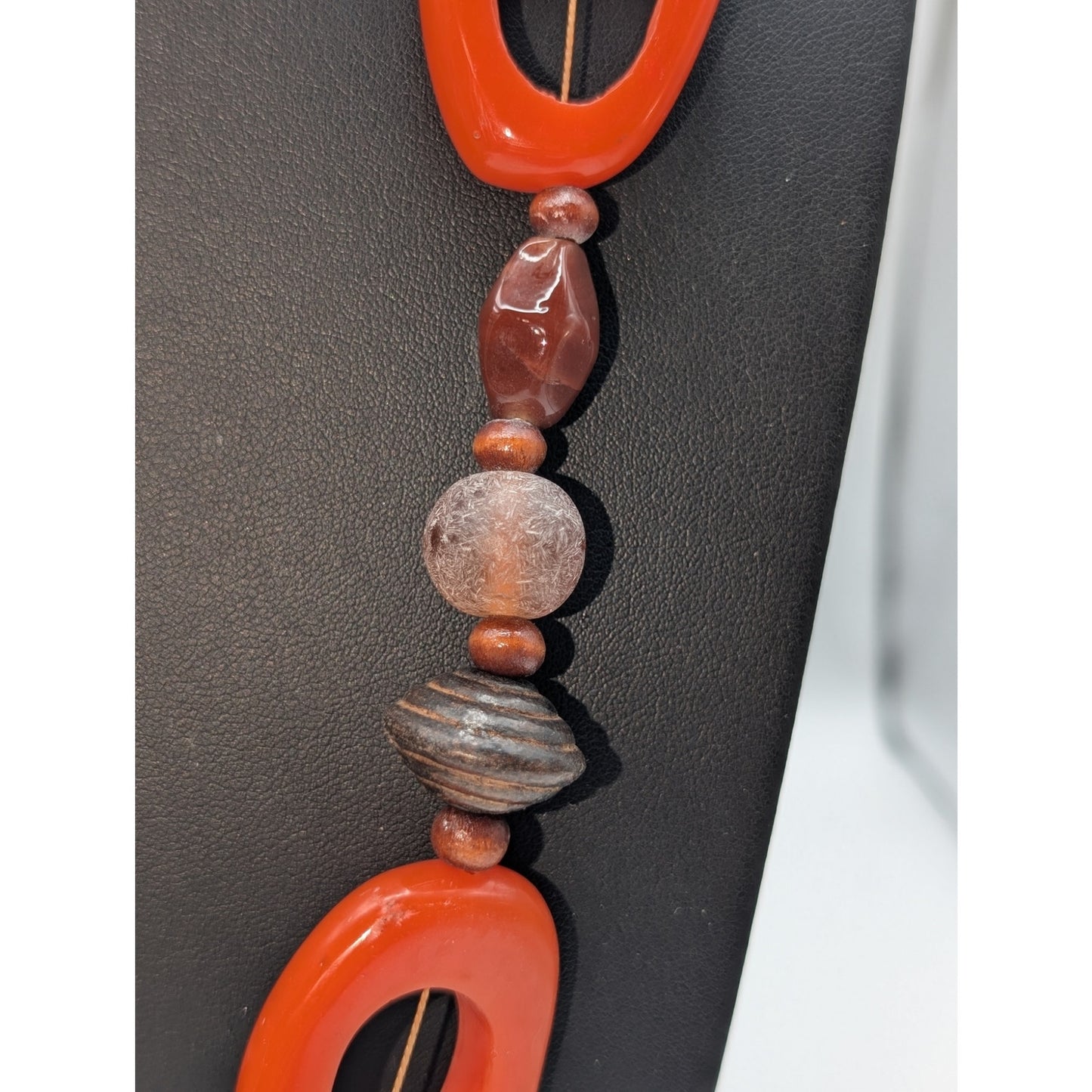 Vintage 70s Wood Orange Resin Bead 32" Over the Head Necklace
