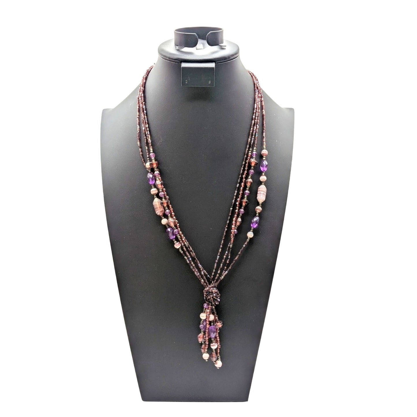 Purple Glass Bead Multi-Strand Tassel Fringe 24"-26.5" Necklace