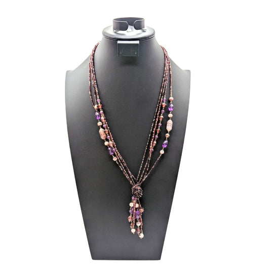 Purple Glass Bead Multi-Strand Tassel Fringe 24"-26.5" Necklace