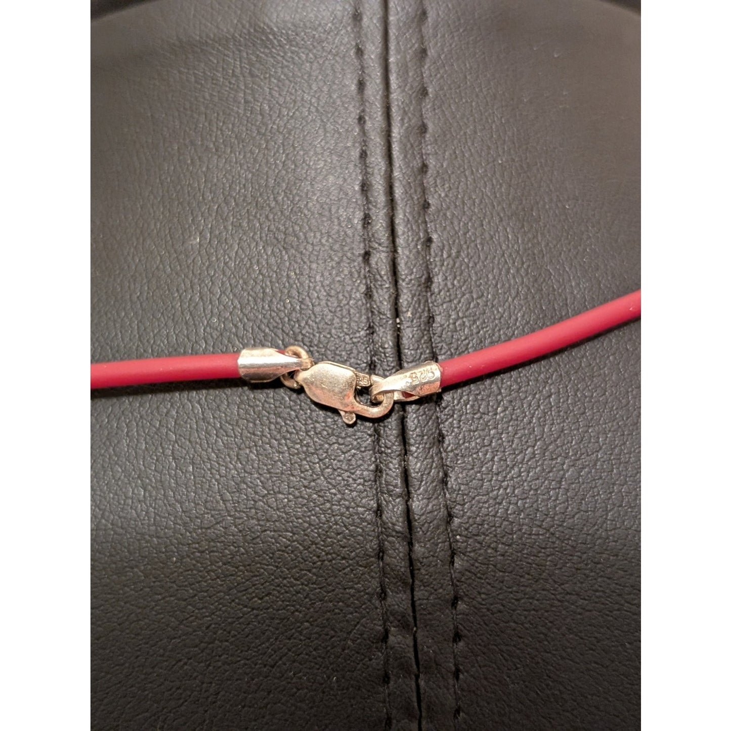 Red Rubber Cord W/ 925 Sterling Silver Clasp & Pearl Pendant 16" Necklace