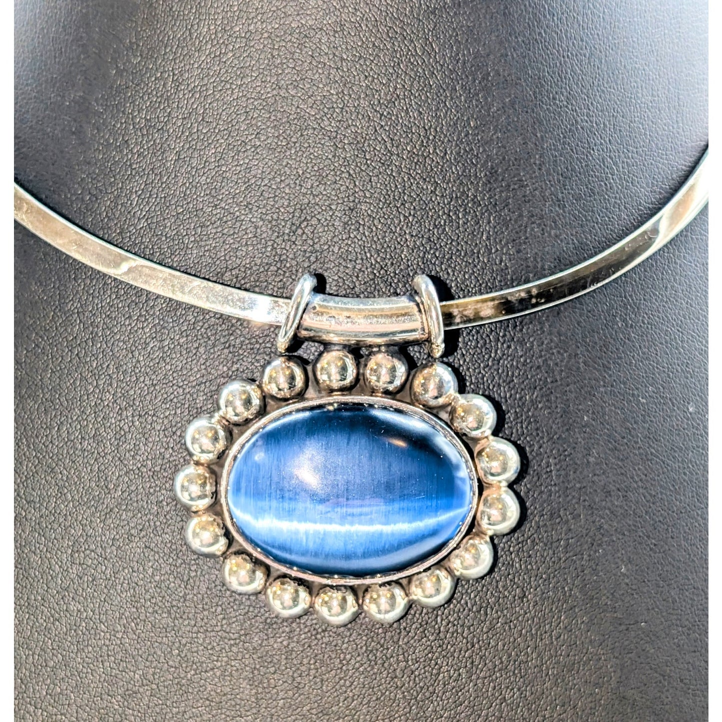 Vintage Taxco Large Blue Cat's Eye 950 Silver Pendant on Sterling Taxco Torque