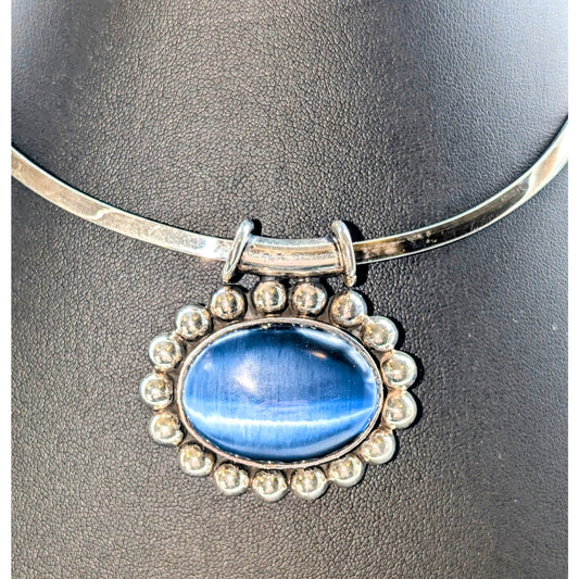 Vintage Taxco Large Blue Cat's Eye 950 Silver Pendant on Sterling Taxco Torque
