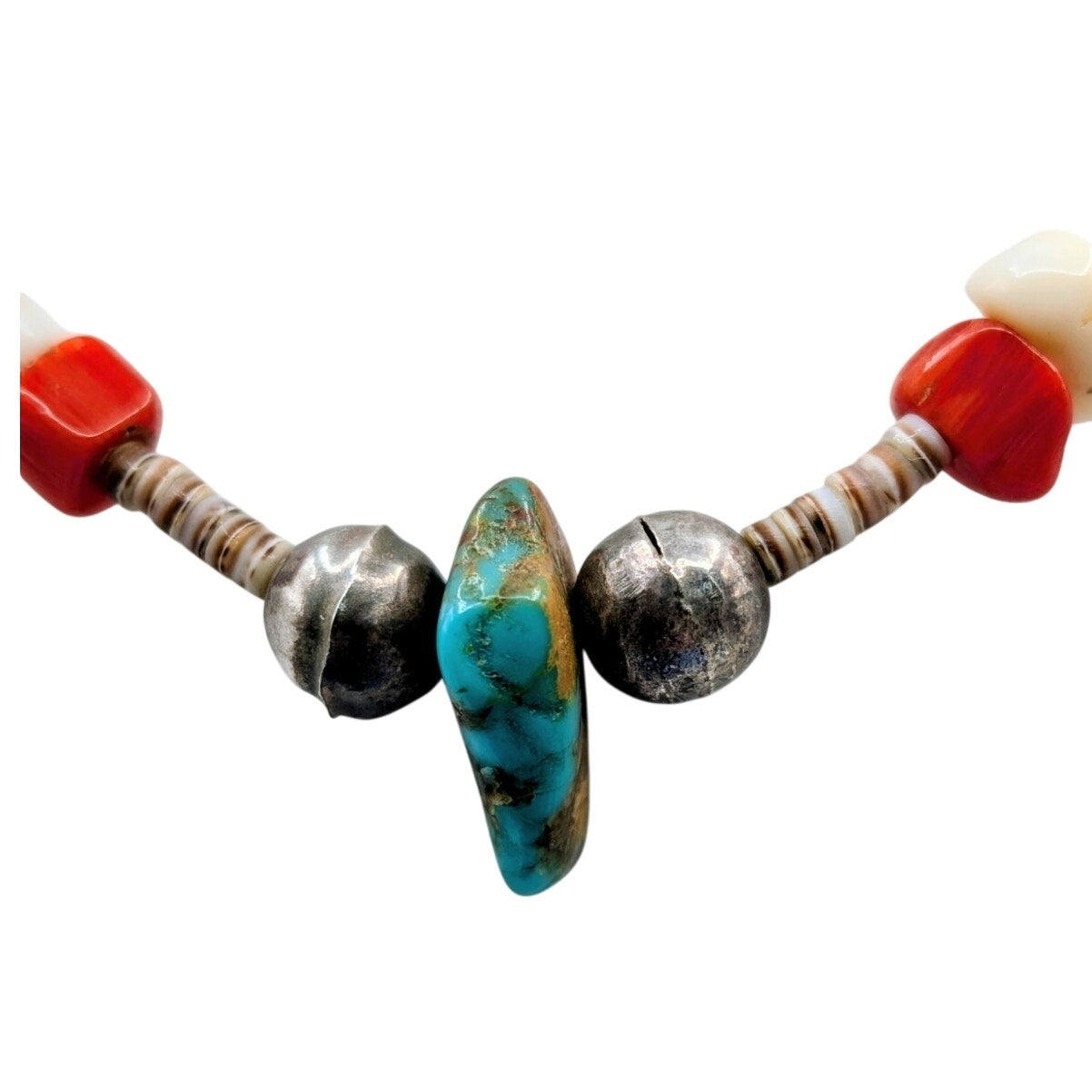 Vtg Liquid Sterling Turquoise Coral Carved Bird Heishi Bead Choker Necklace