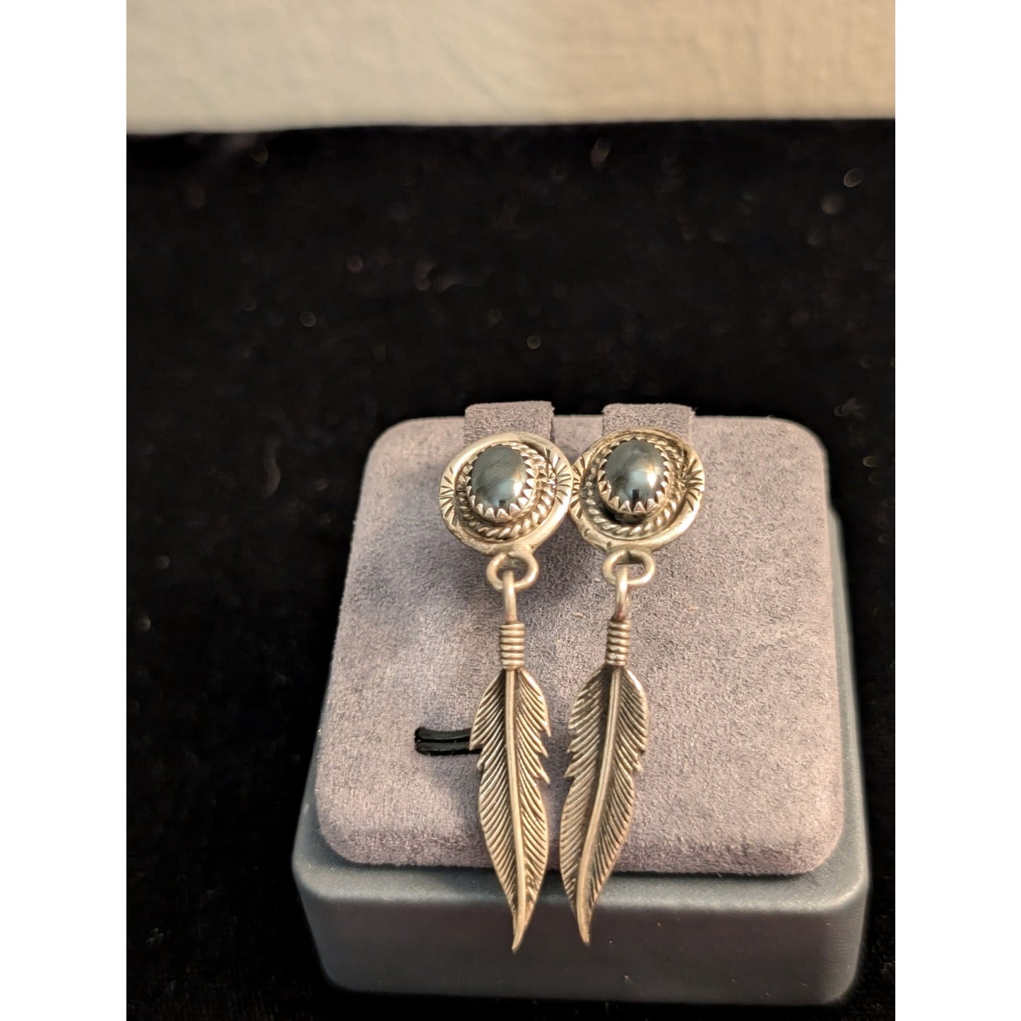 Vintage Signed 925 Sterling Silver Navajo Hematite Feather Dangle Post Earrings