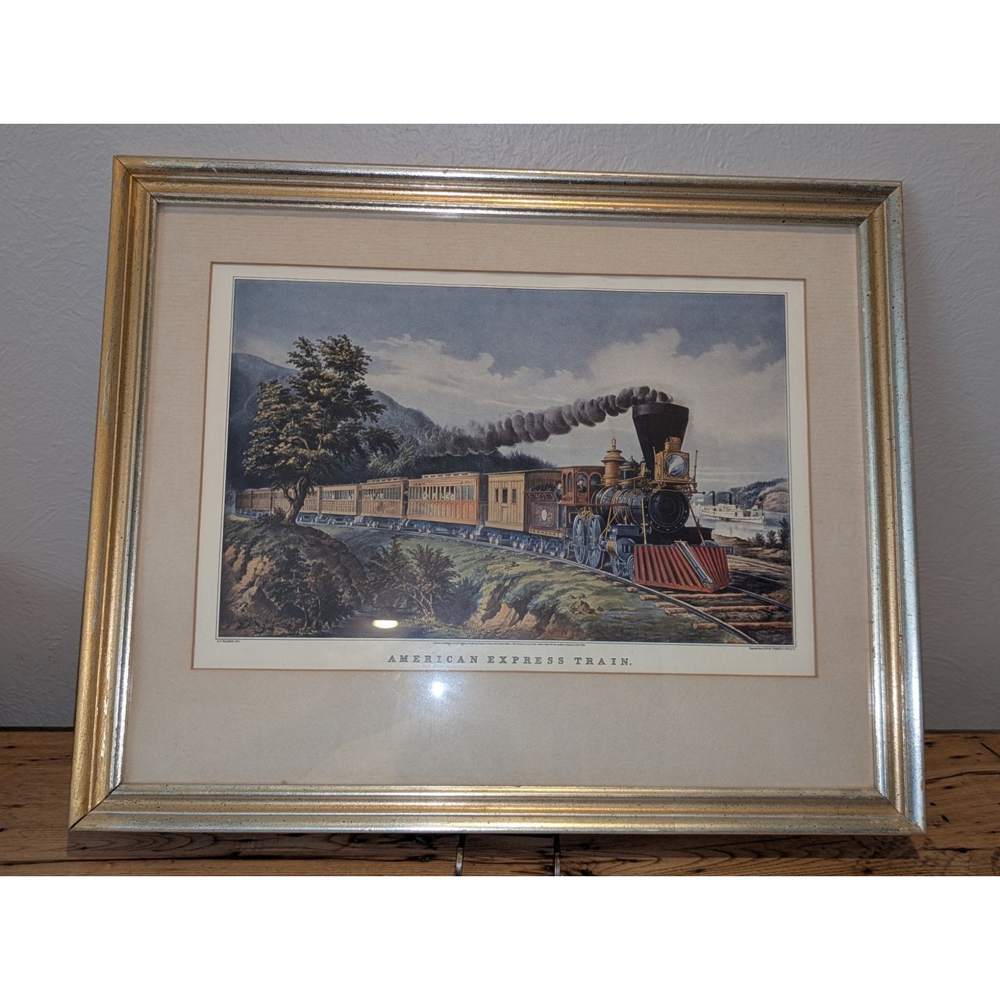 VTG 1884 Framed Currier & Ives Litho Print 'American Express Train' Under Glass