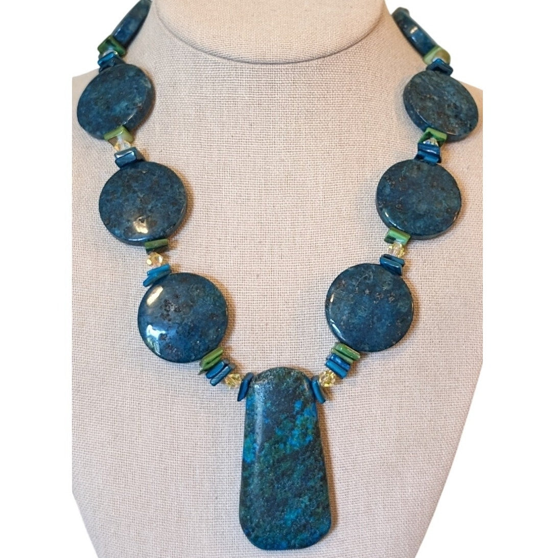Chunky Heavy Blue Green Stone W/ Silver Toggle Clasp 20" Necklace