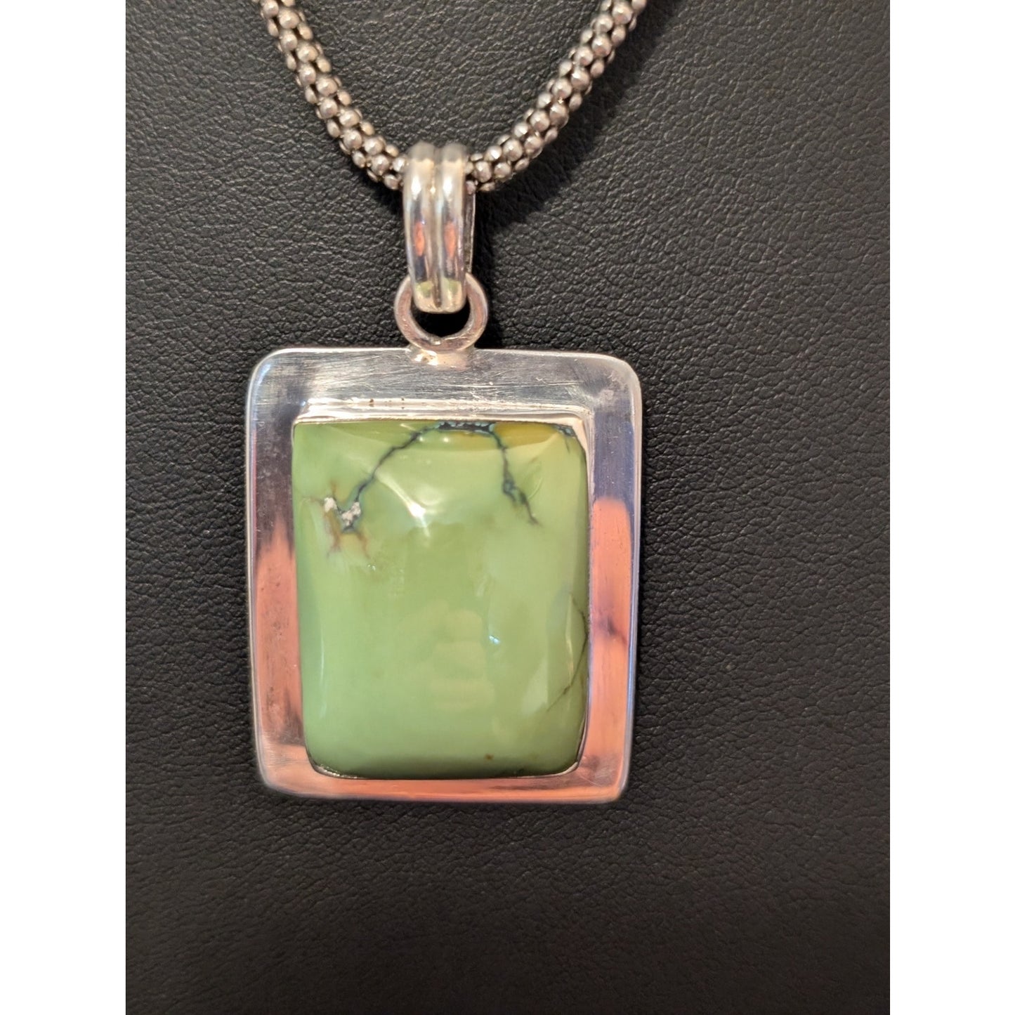 925 Sterling Silver Large Mint Green Stone Pendant on 16" Popcorn Chain Necklace