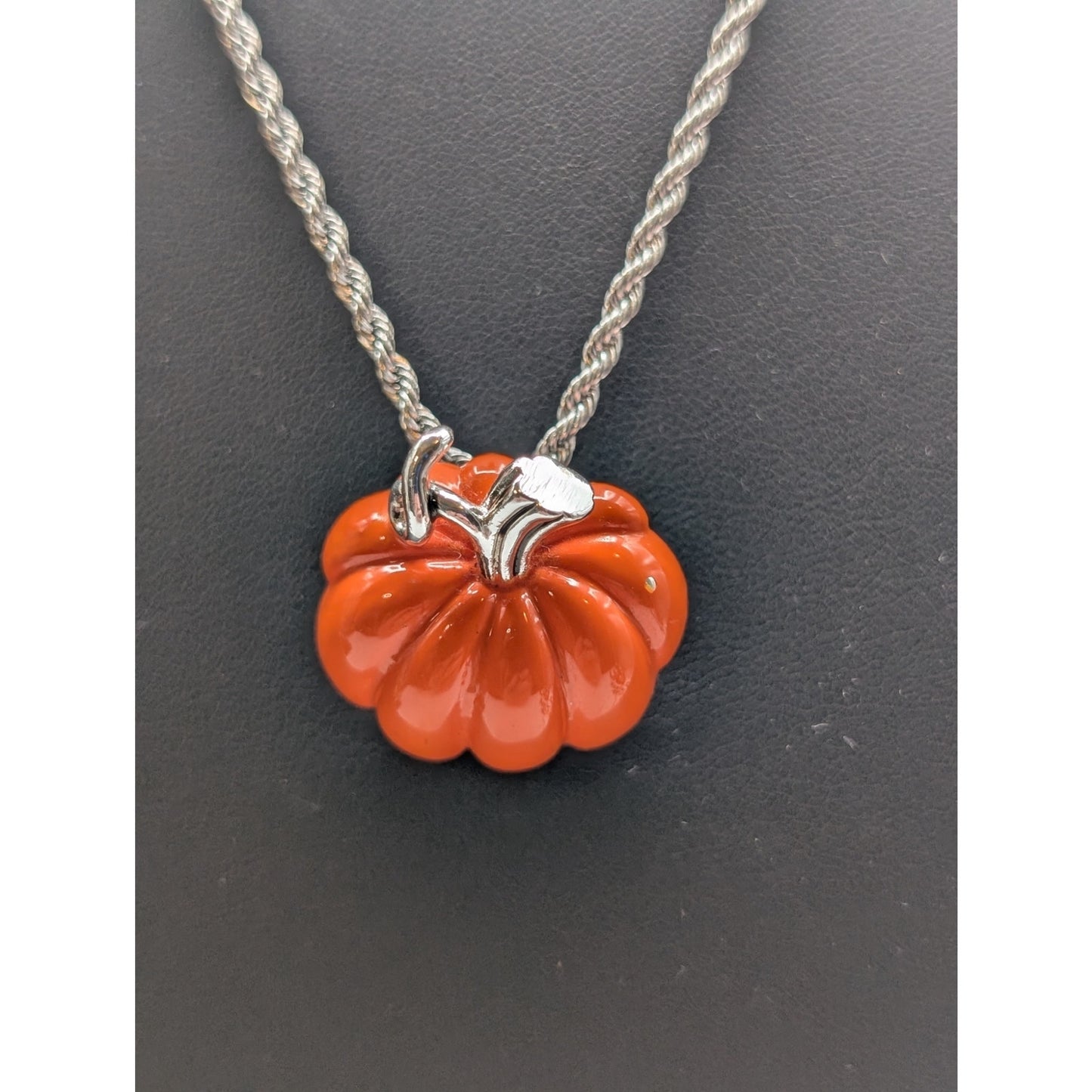 Vtg Silver Tone Orange 'Best' Pumpkin Necklace & AJMC Pumpkin Wreath Brooch