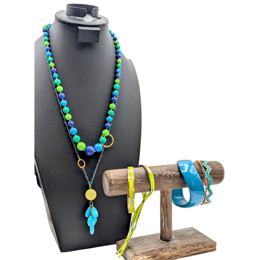 Mixed Lot of Blue Green Theme Jewelry Including 2 Necklaces & 5 Bracelets