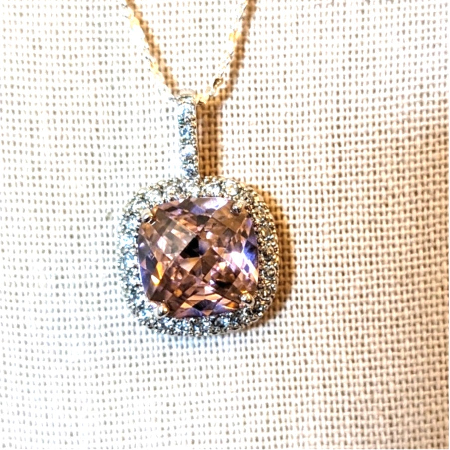 925 Silver Checkerboard Faceted Pink Cushion Set Glass Stone W/ CZ Necklace