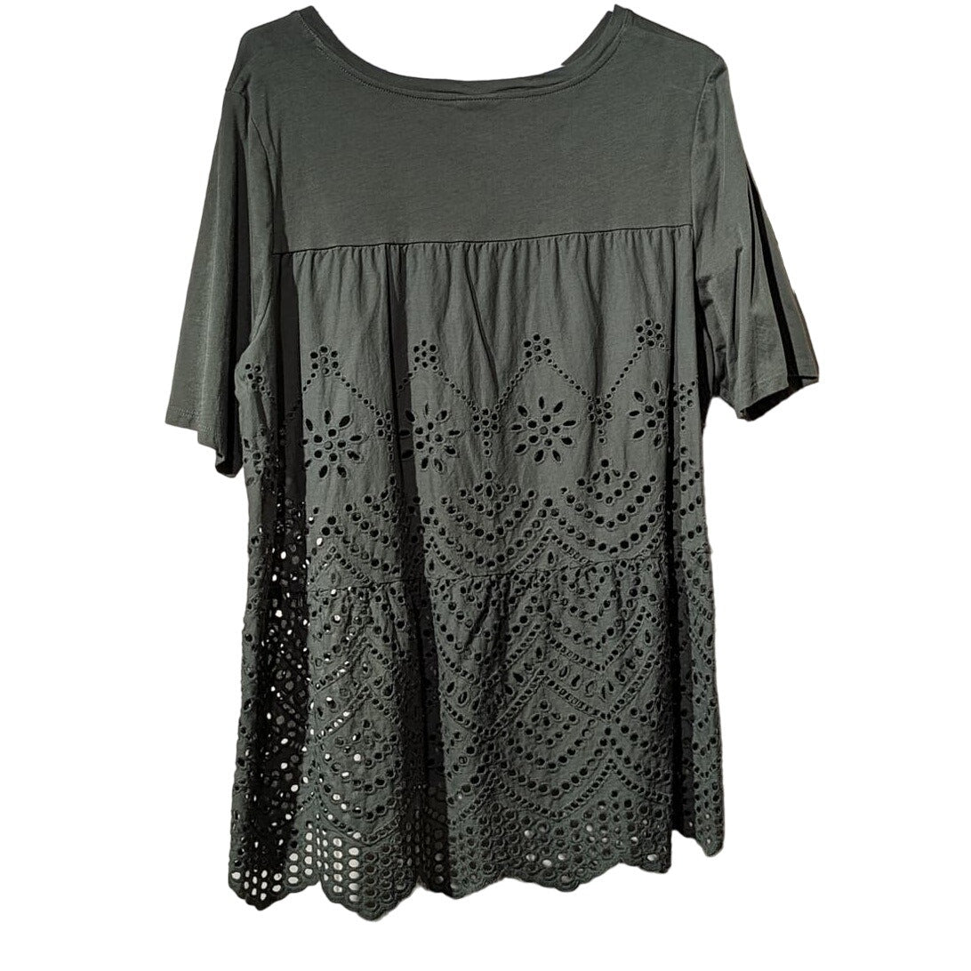 Chico's  Short Sleeve Olive Green Eyelet Side/Back High Low Hem Top Womens Sz 2