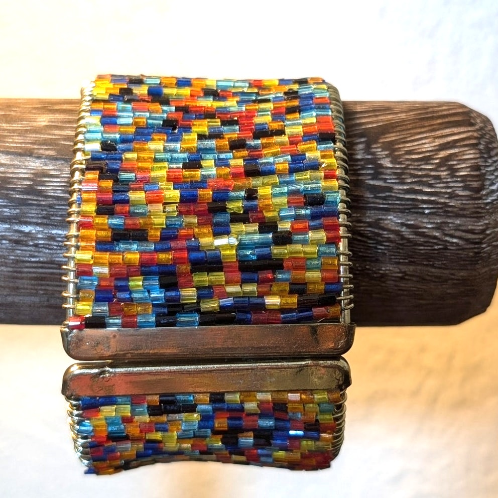 1 5/8" Wide Rigid Wired Seed Bead Clamper Style Gold Tone Bangle Bracelet