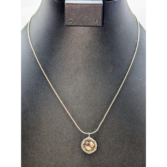 Vintage 925 Sterling Silver Bird's Next Pearl Eggs Pendant Snake Chain Necklace