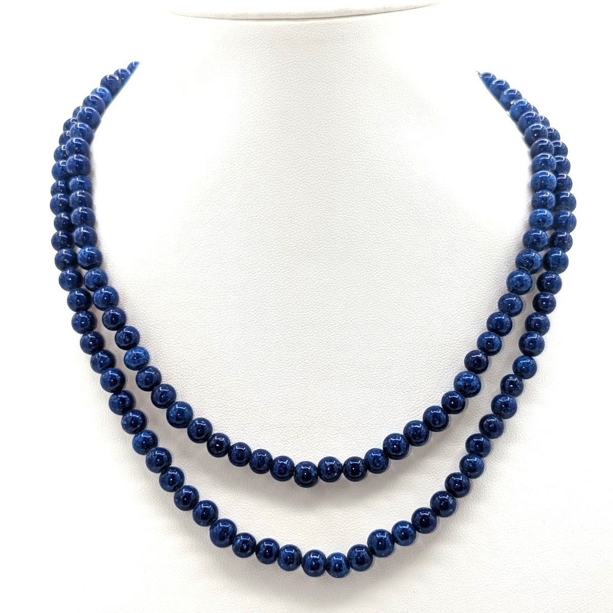 Vintage Double Strand 6mm Lapis Lazuli Beaded Gold Tone Slide In Clasp Necklace