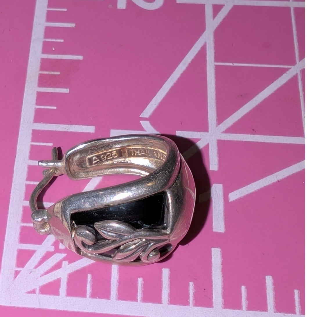 Vintage Thai Sterling Silver Black Onyx Floral Overlay Huggie Earrings