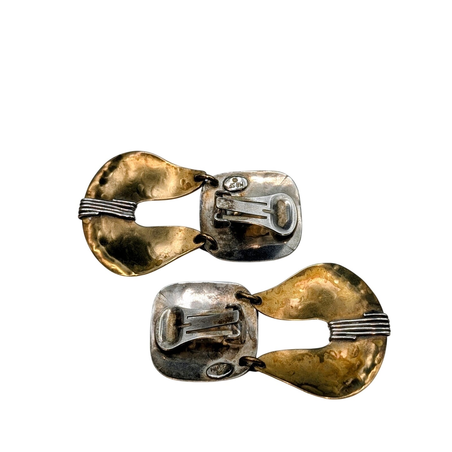 Marjorie Baer SF Signed Brass Mixed Metal Modern Dangle Drop Clip On Earrings
