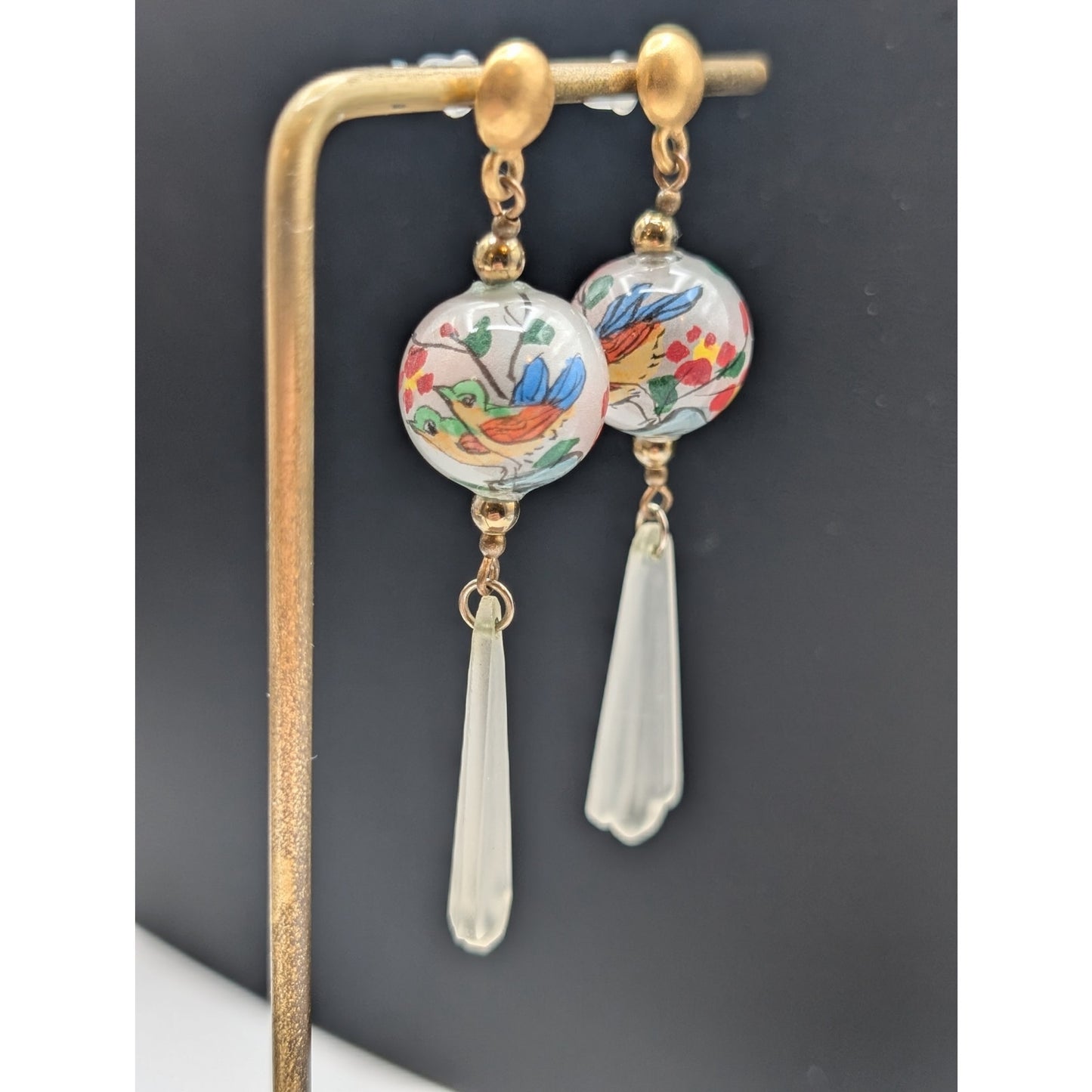 Vintage Japanese Painted Glass Bead White Frosted Dangle Earrings