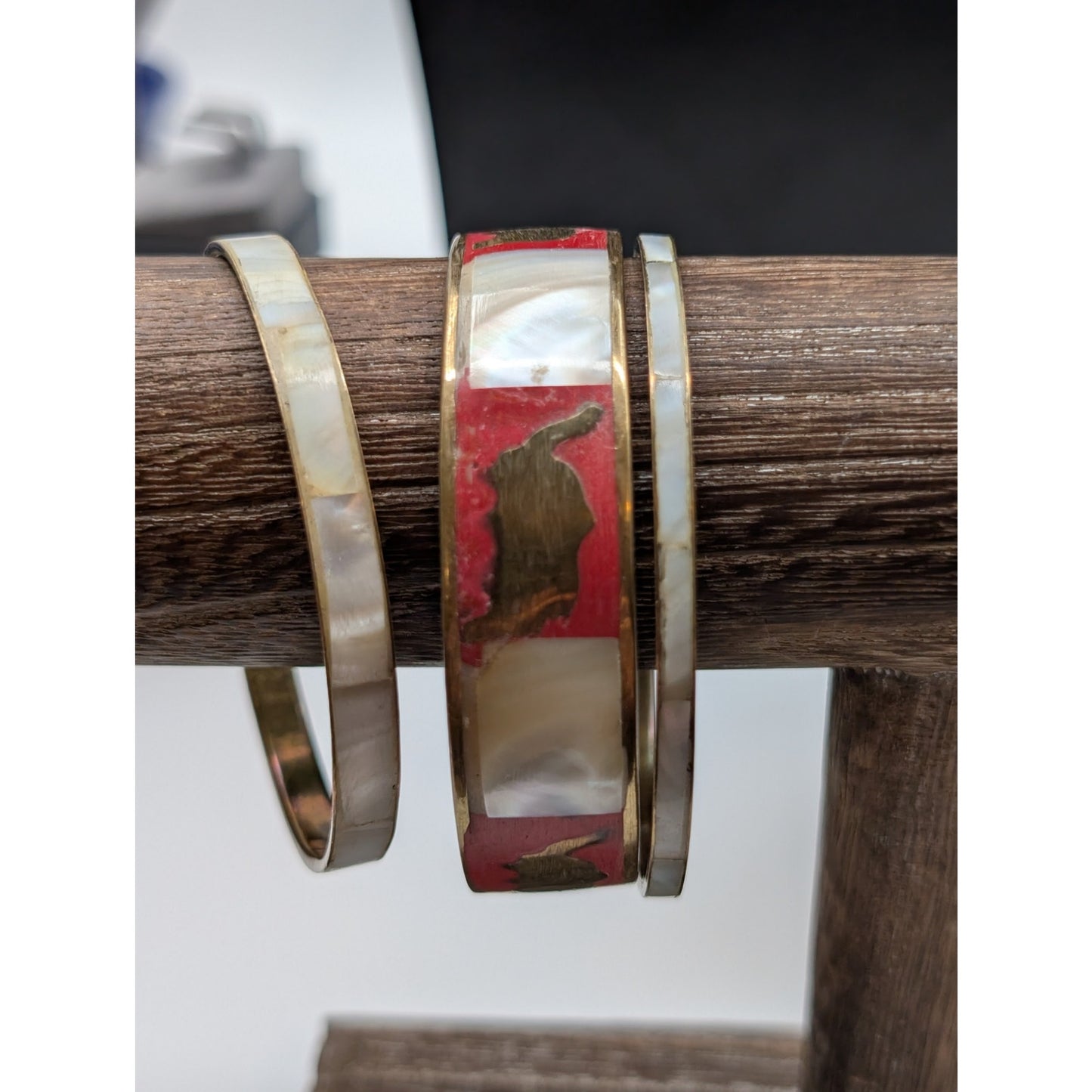 Vintage Lot of Three MOP Inlay Brass Bangle Bracelets