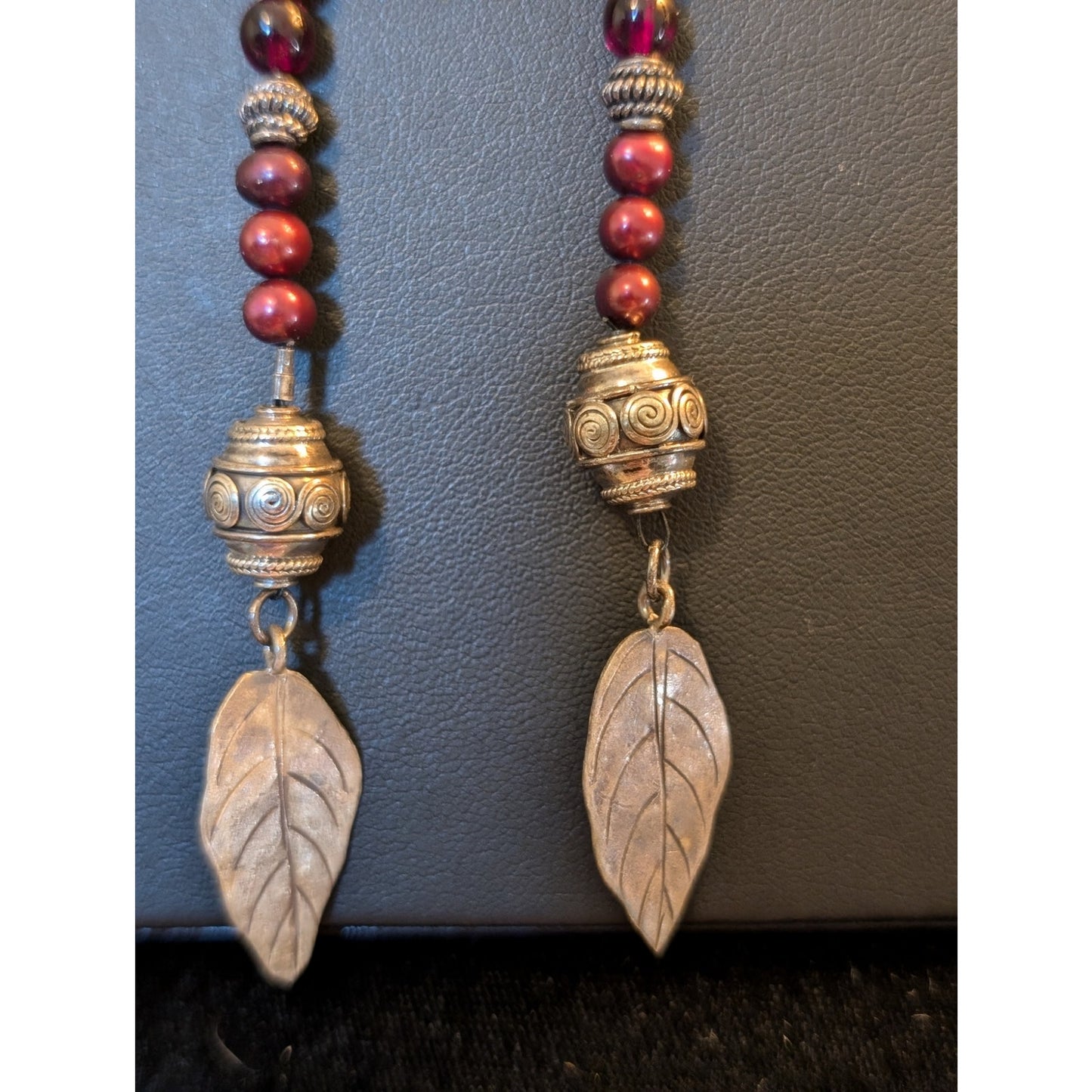 Boho Garnet Glass Bead Cranberry Pearl Sterling Leaf Tassel 63" Lariat Necklace