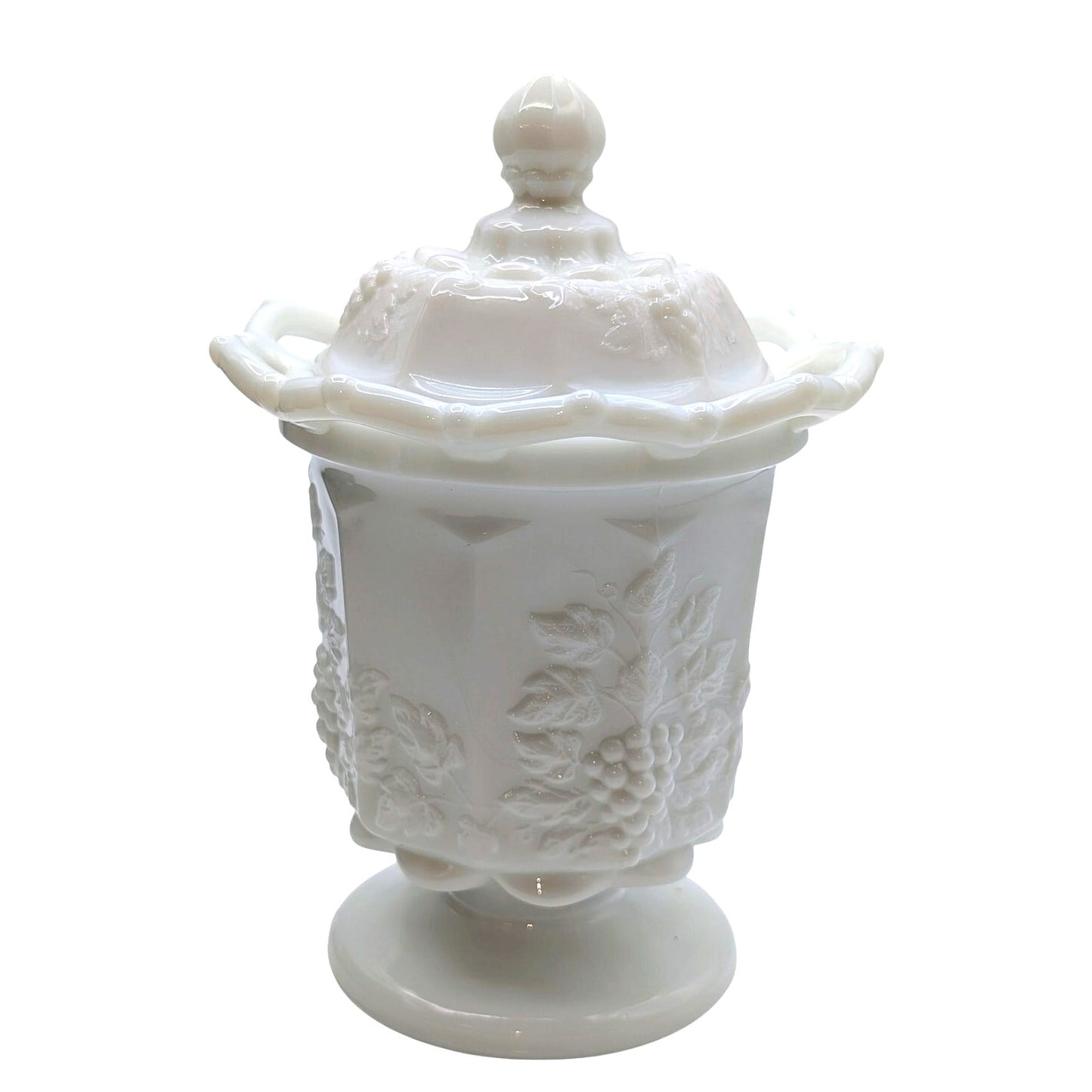 Vtg Westmoreland Milk Glass Grape Design Open Lace Lidded Top Decorative  Jar