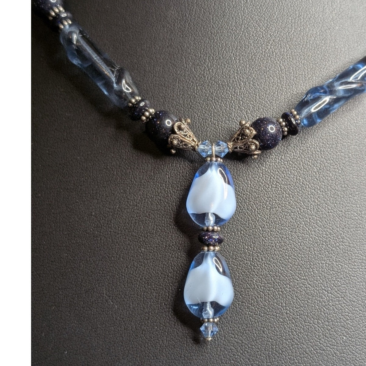 Blue Fused Glass Dangle Gold Stone Crystal Beaded 18" Necklace W/ Toggle Clasp