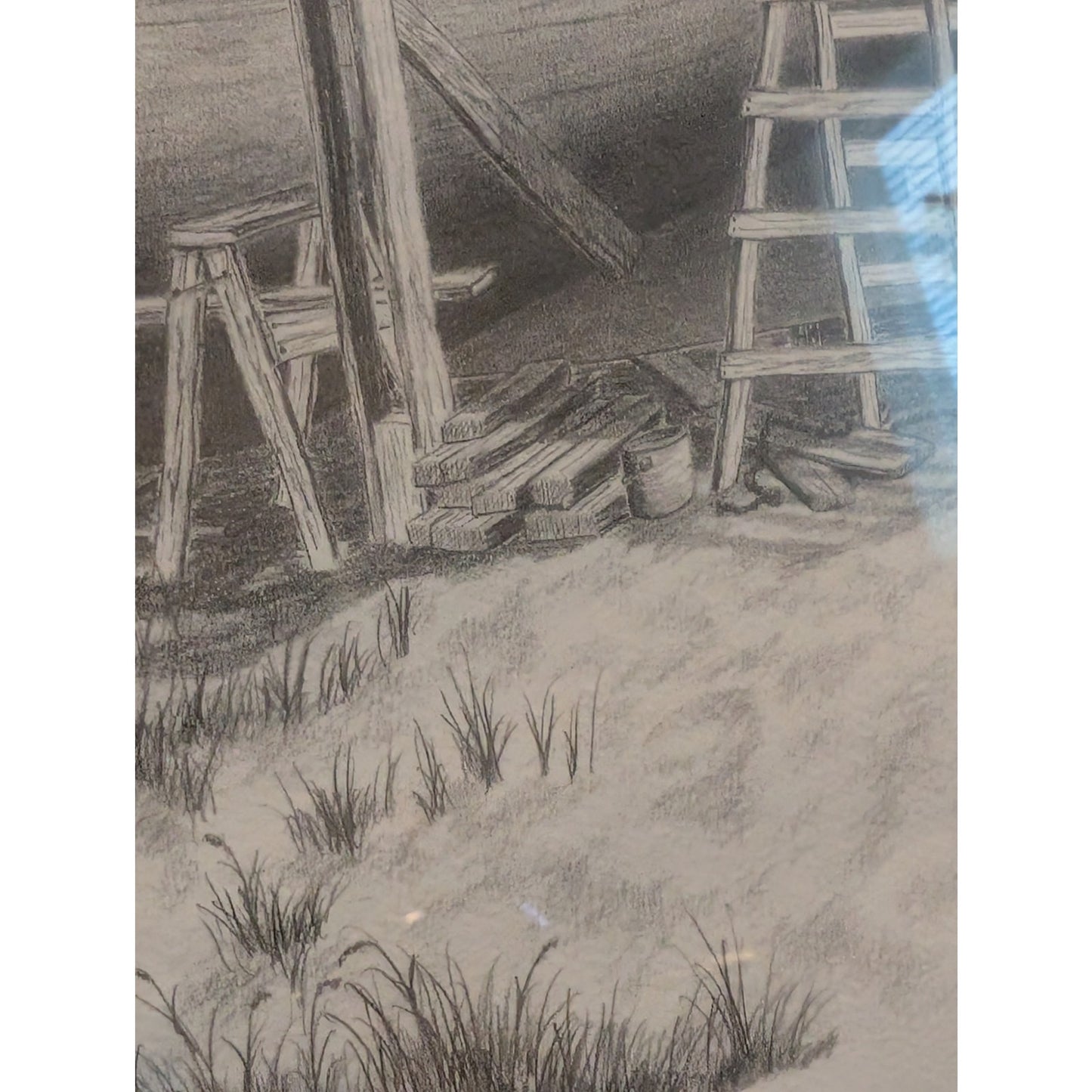 Original Artist Signed Bruce Reynolds Black Wood Framed Pencil Drawing 'Drydock'