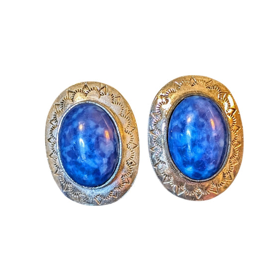 Vintage Costume Silver Tone Large Blue Cabochon Clip On Earrings