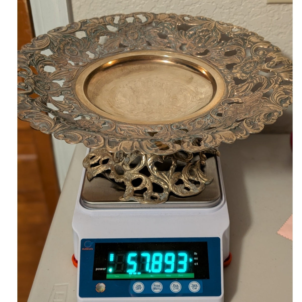 Vintage Brass Ornate Cut Out Floral Pedestal Bowl Compote