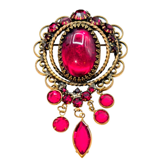 Vintage Possibly Unsigned Hobe Red Rhinestone Dangles Brooch