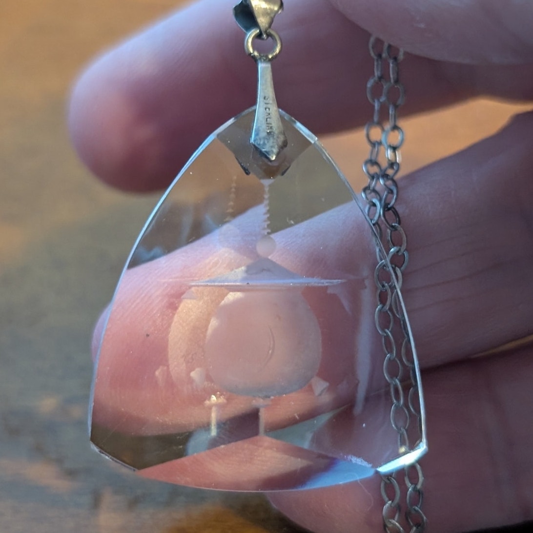 1930s Art Deco Reverse Carved Round Pagoda Rock Crystal Pendant 18" Necklace