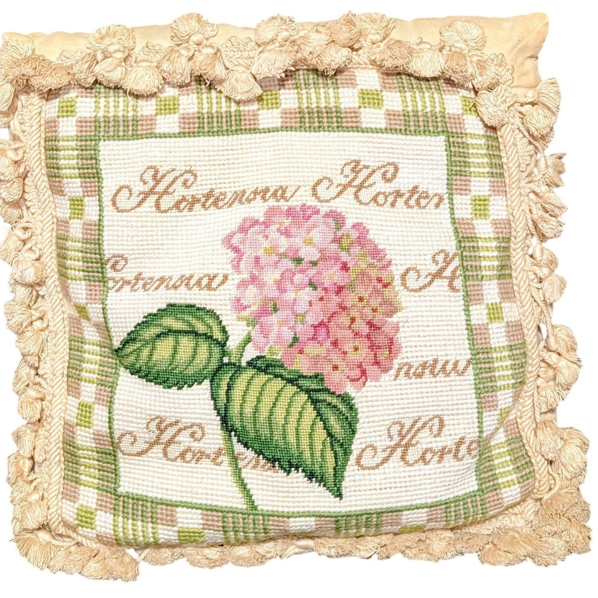 Vtg Needlepoint Botanical Hydrangea Velvet Back Tassel Fringe Zip Decor Pillow