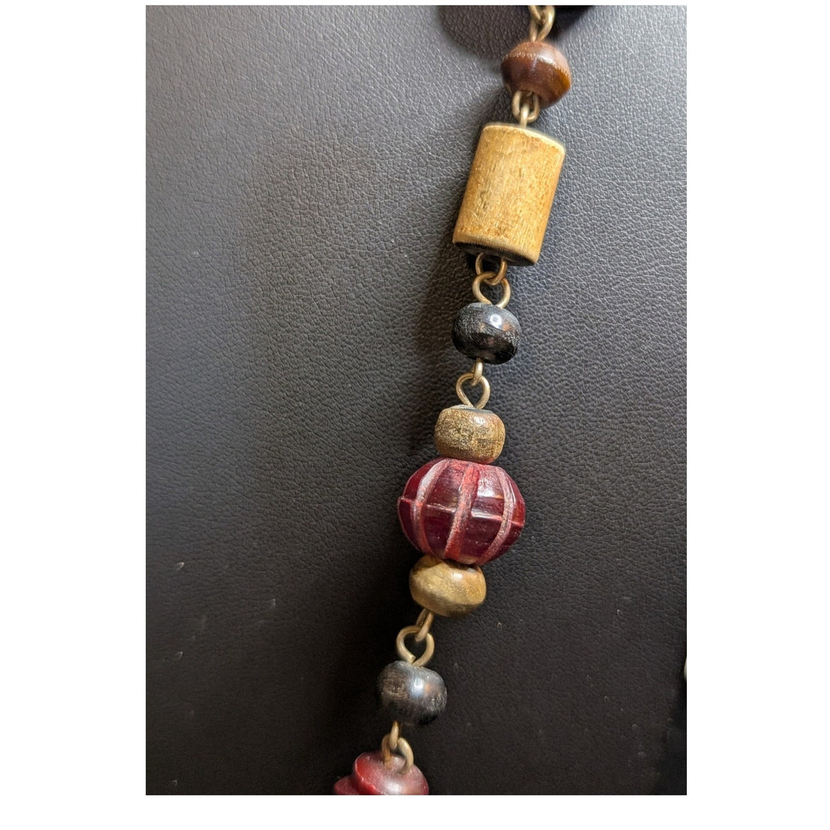 Vintage Tribal Carved Wood Elephant & Wood Bead 40" Necklace