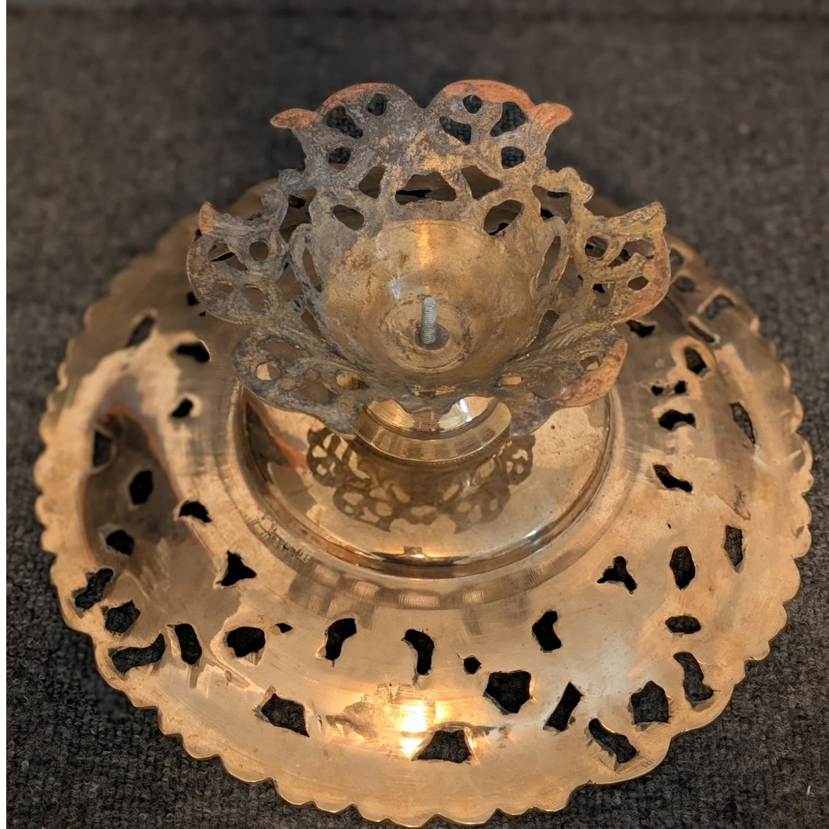 Vintage Brass Ornate Cut Out Floral Pedestal Bowl Compote