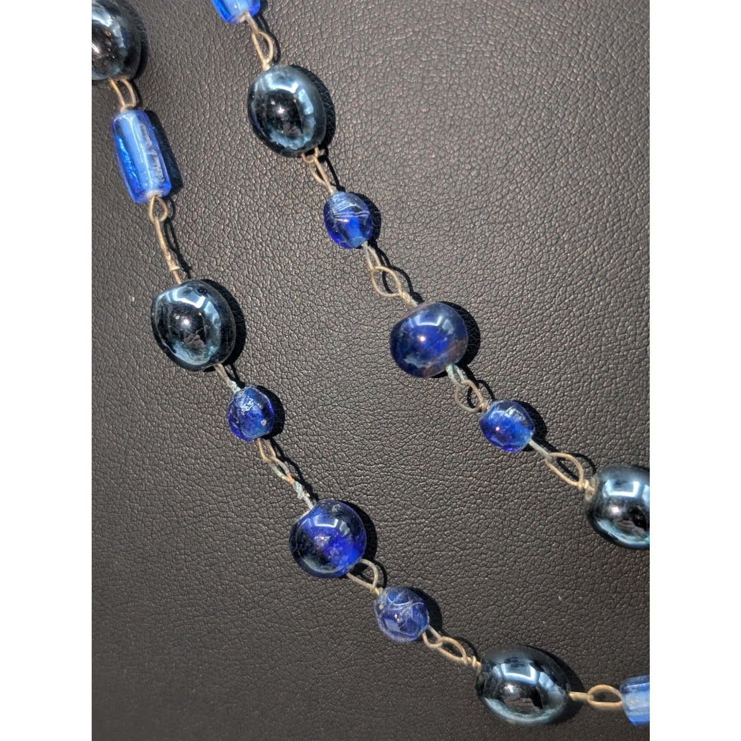 Vintage Blue Glass Rosary Style Beaded 52" Long Chain Necklace