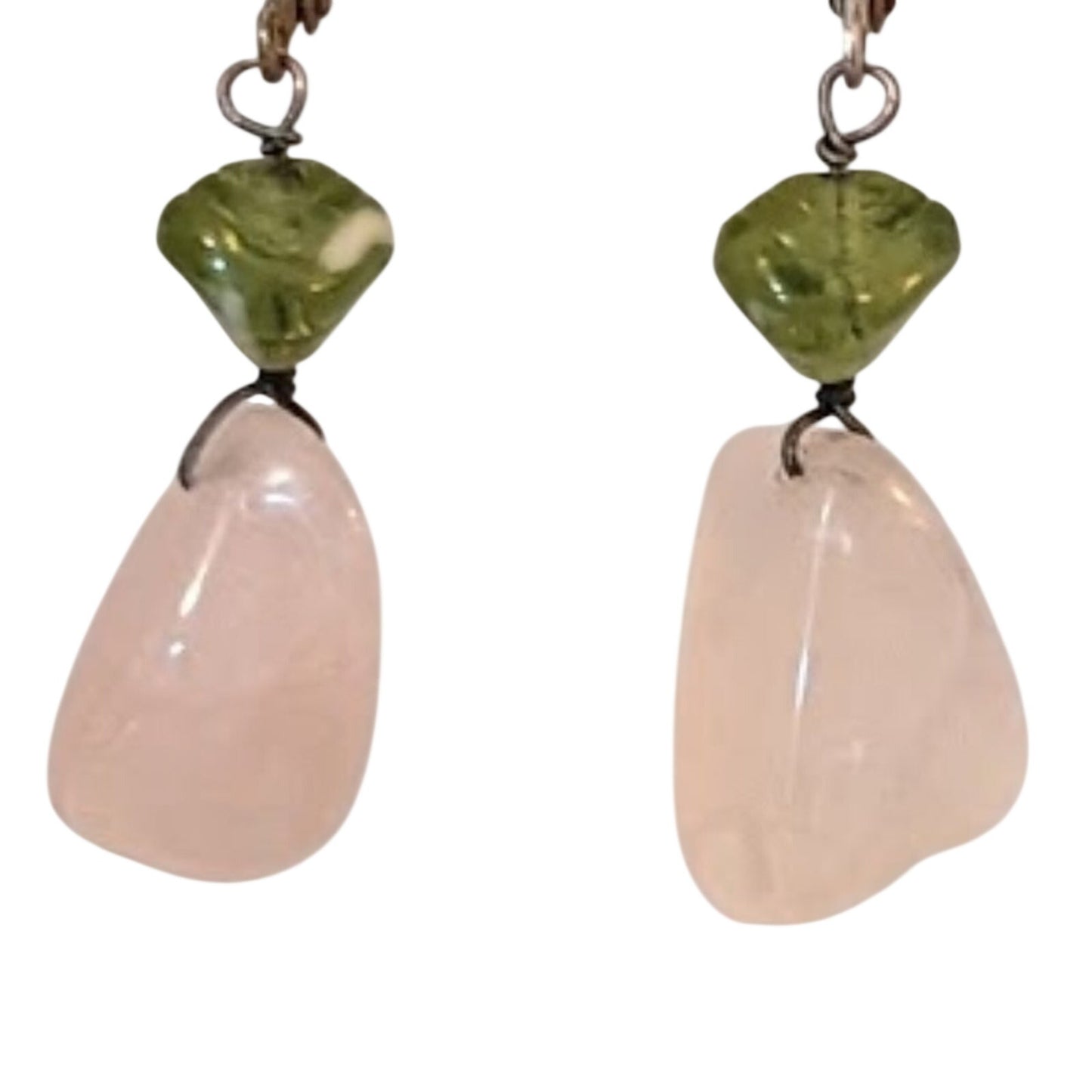 Vintage Pink Quartz Green Glass Lever Back Earrings