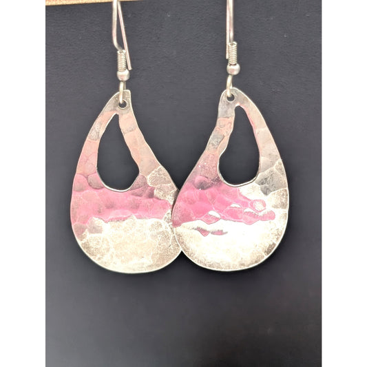 Vintage 925 Mexico Sterling Hammered Abstract Cut Out Teardrop Dangle Earrings