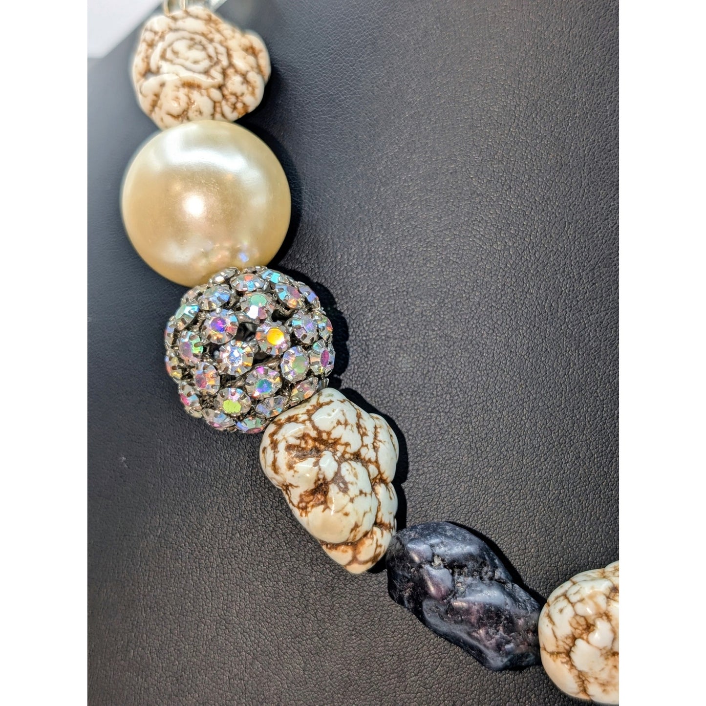 Extra Large Chunky Heavy Stone Glass Faux Pearl Rhinestone Ball 21.25" Necklace