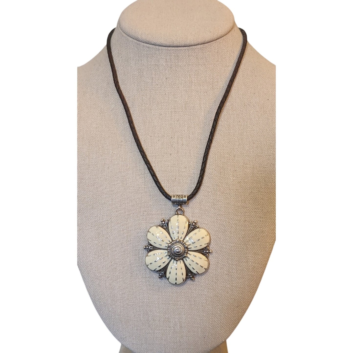 BRIGHTON Retired Rare Cream Enamel Flower Pendant Braided Leather Necklace