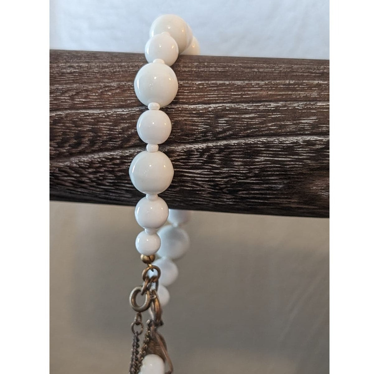 Miriam Haskell White Milk Glass Bead Dangle Charm Safety Chain Signed Bracelet